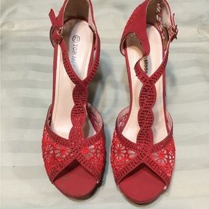 Top Moda Red Lace Platform Heels Rhinestone Embellishments